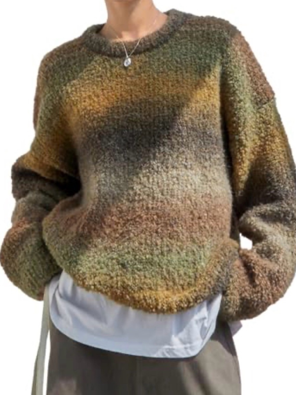 Cozy Ombre Bouclé Crewneck Sweater - Green/Brown